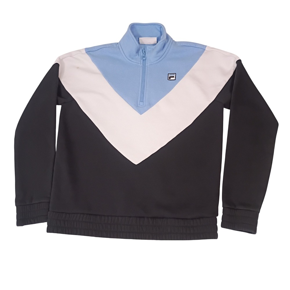 Fila Womens Quarter Zip Sweatshirt Medium‎ Black Blue White Chevron Pullover